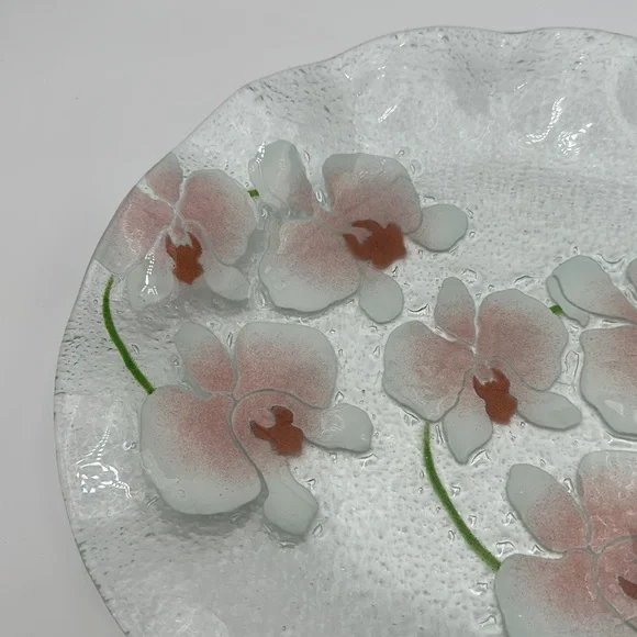Fused Glass Scalloped Large Plate/Bowl Pink Pansies Green leaves - Picture 6 of 16
